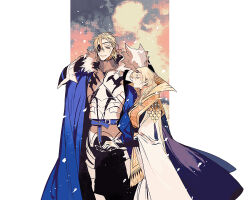  1boy 1girl armor blonde_hair blue_cape breastplate byleth_(female)_(fire_emblem) byleth_(fire_emblem) cape couple cowboy_shot dimitri_alexandre_blaiddyd dress eyepatch fire_emblem fire_emblem:_three_houses fur-trimmed_cape fur_trim hetero holding_hands jewelry kaifei_(kaifei_29) long_hair looking_at_another nintendo outside_border pillarboxed ring short_hair smile wedding_ring 
