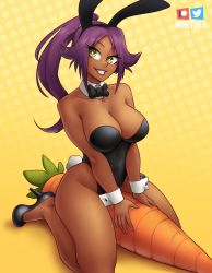  1girl animal_ears artist_name black_bow black_bowtie bleach bow bowtie breasts carrot cleavage dark-skinned_female dark_skin detached_collar fake_animal_ears fake_tail grin high_heels highleg highleg_leotard large_breasts leotard lips nortuet oversized_object ponytail purple_hair rabbit_ears rabbit_tail shihouin_yoruichi smile solo tail traditional_bowtie wrist_cuffs yellow_eyes  rating:Sensitive score:37 user:danbooru