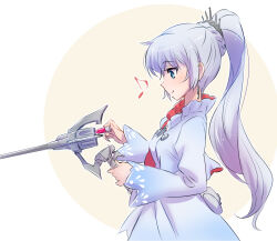  1girl blue_eyes bullet closed_mouth commentary dress earrings eighth_note from_side gun handgun high_ponytail highres iesupa jacket jewelry long_hair looking_at_object musical_note myrtenaster no_scar ponytail reloading revolver rwby smile solo spoken_musical_note weapon weiss_schnee white_dress white_hair 