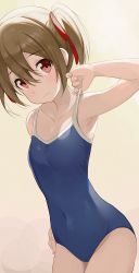  1girl blue_one-piece_swimsuit blue_school_swimsuit brown_hair commentary competition_school_swimsuit cowboy_shot female_focus flat_chest hair_ribbon highres hiroki_(yyqw7151) looking_at_viewer one-piece_swimsuit red_eyes red_ribbon ribbon school_swimsuit short_hair silica simple_background solo strap_pull swimsuit sword_art_online twintails white_background  rating:Sensitive score:107 user:danbooru