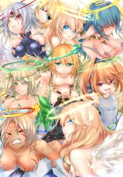  6+girls :d angel angel_wings aqua_eyes areola_slip armpits arms_behind_head arms_up bare_shoulders between_breasts black_leotard black_wings blonde_hair blood bloody_tears blue_eyes blue_hair blue_thighhighs blush breasts chest_tattoo choker circlet cleavage clenched_teeth closed_mouth collarbone commentary_request detached_sleeves eyes_visible_through_hair facial_tattoo feathered_wings feathers flat_chest flower flower_request forehead_tattoo gabriela_(mon-musu_quest!) gem gold_circlet green_eyes green_gemstone green_halo grey_hair group_picture hair_between_eyes hair_over_eyes half-closed_eyes halo head_tilt highres ilias jewelry large_breasts leotard light_frown long_hair looking_at_viewer looking_to_the_side looking_up lucifina_(mon-musu_quest!) medium_breasts metatron_(mon-musu_quest!) micaela_(mon-musu_quest!) mon-musu_quest! mon-musu_quest:_paradox multiple_girls navel necklace nipples one-piece_swimsuit one_eye_closed open_mouth orange_eyes orange_hair orange_halo outstretched_arm parted_bangs parted_lips pippi_(ku_ro_do_zorizo_to) plant pointy_ears puffy_nipples purple_eyes raphaela_(mon-musu_quest!) red_eyes red_gemstone red_halo revealing_clothes sandalphon_(mon-musu_quest!) sariela_(mon-musu_quest!) see-through_swimsuit short_hair short_twintails sideboob small_breasts smile swimsuit tan tattoo teeth thighhighs third_eye toga twintails uriela_(mon-musu_quest!) v-shaped_eyebrows vines white_one-piece_swimsuit white_thighhighs white_wings wings yellow_halo 