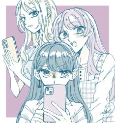  3girls bang_dream! bang_dream!_it&#039;s_mygo!!!!! black_hair border cellphone chihaya_anon commentary dress earrings grey_dress highres holding holding_phone jewelry long_hair long_sleeves mole mole_under_eye multiple_girls nagasaki_soyo necklace open_mouth outside_border phone pinafore_dress pink_hair saneri_(sanerii_25) shiina_taki short_sleeves sidelocks single_earring sleeveless sleeveless_dress smartphone taking_picture teeth upper_teeth_only white_border 