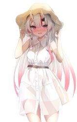  1girl absurdres alternate_costume belt blush brown_belt brown_hat collared_dress dress fang gradient_hair hat highres hololive horns looking_at_viewer multicolored_hair nakiri_ayame oni open_mouth red_eyes red_hair skin-covered_horns skin_fang sleeveless sleeveless_dress solo straw_hat streaked_hair teeth terra_bose upper_teeth_only virtual_youtuber white_background white_dress white_hair 