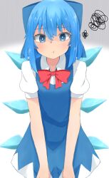  1girl :t blue_bow blue_dress blue_eyes blue_hair bow bowtie cirno collared_shirt commentary_request cowboy_shot dress hair_between_eyes hair_bow hands_on_own_thighs highres ice ice_wings long_hair looking_at_viewer mizune_(winter) pinafore_dress pout puffy_short_sleeves puffy_sleeves red_bow red_bowtie shaded_face shirt short_sleeves sleeveless sleeveless_dress solo squiggle touhou white_background white_shirt wings 