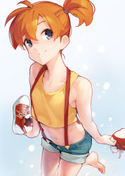  1girl absurdres armpit_crease ataruman bare_arms bare_shoulders barefoot blue_eyes blue_shorts closed_mouth creatures_(company) crop_top game_freak highres holding leg_up long_hair looking_at_viewer midriff misty_(pokemon) navel nintendo orange_hair pokemon pokemon_(anime) pokemon_(classic_anime) red_footwear shirt shoes unworn_shoes short_shorts shorts side_ponytail sleeveless sleeveless_shirt smile sneakers solo standing stomach suspenders thighs wet yellow_shirt  rating:Sensitive score:137 user:danbooru