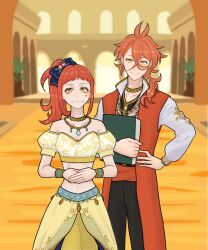  1boy 1girl alternate_hairstyle arabian_clothes black_bow black_pants book bow brother_and_sister commentary_request cowboy_shot crop_top eyeshadow fire_emblem fire_emblem_engage hahm0106 hair_bow hair_ornament hair_ribbon hand_on_own_hip highres holding holding_book indoors jewelry looking_at_viewer low_ponytail makeup medium_hair midriff navel necklace nintendo off-shoulder_shirt off_shoulder official_alternate_costume orange_hair orange_vest own_hands_together pandreo_(fire_emblem) panette_(fire_emblem) pants puffy_short_sleeves puffy_sleeves ribbon shirt short_bangs short_sleeves siblings side_ponytail skirt smile standing stomach vest wristband yellow_eyes yellow_shirt yellow_skirt 