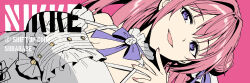  1girl amearare bare_shoulders breasts character_name cleavage company_name copyright_name detached_sleeves dorothy_(nikke) dress english_text frilled_dress frills goddess_of_victory:_nikke hair_bun hair_intakes large_breasts long_hair looking_at_viewer pink_hair purple_background purple_eyes ribbon single_side_bun smile solo twitter_username upper_body white_dress 