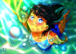 1girl air_bubble barefoot black_hair blowing_bubbles blue_eyes breasts bubble covered_erect_nipples dark-skinned_female dark_skin freediving highres holding_breath kofune_mio one-piece_swimsuit school_swimsuit short_hair small_breasts solo submerged summertime_render swimming swimsuit tagme tan underwater water