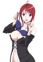 ahoge blush bra breasts cleavage collarbone covered_erect_nipples large_breasts lingerie groin no_bra no_panties oribe_mafuyu pixiv_thumbnail purple_eyes red_hair resized ribonzu seikon_no_qwaser simple_background smile solo underwear
