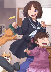  2girls :d age_difference airplane_arms black_cat black_sailor_collar black_shirt black_skirt blue_pants bob_cut brown_dog brown_eyes brown_hair cat cat_teaser chasing chest_of_drawers closed_eyes commentary curled_fingers dress_shirt feet_out_of_frame frilled_skirt frills hair_ribbon holding_cat_teaser hood hood_down hoodie indoors long_sleeves looking_back loose_hair_strand microwave multiple_girls neckerchief one_eye_closed open_mouth orange_cat original otsu_natsu outstretched_arms pants pants_under_skirt pink_ribbon pink_skirt plant pleated_skirt potted_plant purple_hoodie ribbon running sailor_collar school_uniform serafuku shirt short_hair short_twintails skirt smile spread_arms teasing teeth track_pants twintails upper_teeth_only white_neckerchief window window_blinds 