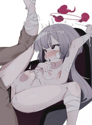 1boy 1girl absurdres age_difference armpits bandaged_arm bandaged_leg bandages bar_censor blue_archive blush breasts censored gauze gauze_on_cheek grey_hair halo hetero highres leg_up loli long_hair navel nipples nude ocha_(popopogg) penis pussy red_eyes red_halo sex shuro_(blue_archive) simple_background small_breasts solo_focus stomach_bulge vaginal white_background rating:Explicit score:155 user:danbooru