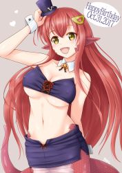  1girl breasts cowboy_shot dated detached_collar fang gecotan hair_ornament happy_birthday lamia long_hair miia_(monster_musume) monster_girl monster_musume_no_iru_nichijou navel open_mouth pointy_ears red_hair scales simple_background smile solo underboob very_long_hair yellow_eyes  rating:Sensitive score:17 user:DaZero