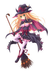 1girl black_cape blonde_hair blush bow bracelet breasts broom cape duel_monster full_body ghostrick_witch gloves green_eyes hat highres jewelry long_hair looking_at_viewer ribbon short_cape skirt smile solo star_(symbol) takayuuki thighhighs white_thighhighs witch witch_hat yu-gi-oh! 