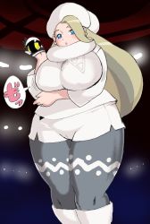  1girl blonde_hair blue_eyes blush breasts creatures_(company) earrings game_freak highres huge_breasts jewelry kjmvideo long_hair long_sleeves looking_at_viewer mature_female melony_(pokemon) nintendo parted_lips plump pokemon pokemon_swsh smile solo standing sweat sweater thick_thighs thighs wide_hips  rating:Questionable score:26 user:Mikunosaigofan_
