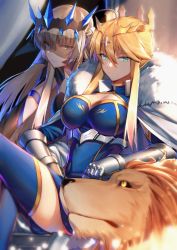  2girls armor artoria_pendragon_(fate) artoria_pendragon_(lancer)_(fate) bad_id bad_twitter_id blonde_hair blue_thighhighs braid breasts cape cleavage closed_mouth commentary crossed_legs fate/grand_order fate_(series) french_braid fur-trimmed_cape fur_trim gauntlets gold_trim hair_between_eyes highres large_breasts lion looking_at_viewer morgan_le_fay_(fate) multiple_girls parted_lips siblings sidelocks sisters sitting thighhighs thighs yellow_eyes yorukun  rating:Sensitive score:30 user:danbooru