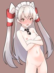 1girl amatsukaze_(kancolle) black_necktie breasts brown_eyes cleft_of_venus cowboy_shot detached_collar furaggu_(frag_0416) hair_tubes highres kantai_collection long_hair maid_headdress navel necktie nipples nude short_necktie small_breasts solo standing two_side_up white_hair rating:Explicit score:40 user:danbooru
