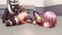 2girls absurdres arms_behind_back bare_shoulders bdsm belt belt_buckle black_gloves black_leotard black_pantyhose black_thighhighs blush bondage bound bound_ankles bound_legs bound_wrists breast_press breasts brown_legwear buckle center_opening closed_mouth elbow_gloves fate/grand_order fate_(series) femdom frogtie frown fujimaru_ritsuka_(female) full_body gloves head_out_of_frame highres himitsu_(hi_mi_tsu_2) indoors leg_grab leotard long_sleeves lying mash_kyrielight medium_breasts multiple_girls no_shoes on_floor on_stomach pantyhose pink_hair purple_eyes raised_eyebrows restrained rope shibari shibari_over_clothes shiny_clothes shiny_skin short_hair skindentation solo_focus thighband_pantyhose thighhighs wing_collar yuri rating:Questionable score:234 user:danbooru