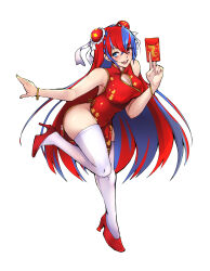  1340smile 1girl :d absurdres alear_(female)_(fire_emblem) alear_(fire_emblem) alternate_costume bare_shoulders blue_eyes blue_hair breasts china_dress chinese_clothes cleavage cleavage_cutout clothing_cutout commentary crossed_bangs double_bun dress english_commentary fire_emblem fire_emblem_engage full_body hair_between_eyes hair_bun heterochromia high_heels highres holding large_breasts long_hair looking_at_viewer multicolored_hair nintendo open_mouth pelvic_curtain red_dress red_eyes red_footwear red_hair sleeveless sleeveless_dress smile solo teeth thick_thighs thighhighs thighs two-tone_hair very_long_hair white_background white_thighhighs 