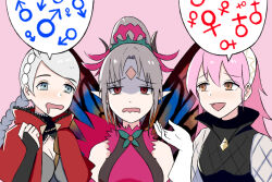 3girls black_bridal_gauntlets braid bridal_gauntlets butterfly_wings capelet dogansa fairy fairy_wings fire_emblem fire_emblem_fates fire_emblem_heroes fujoshi hair_vines harness highres hood hooded_capelet insect_wings low_twin_braids low_twintails mars_symbol multiple_girls nina_(fire_emblem) nintendo pink_hair plant plumeria_(fire_emblem) red_hood soleil_(fire_emblem) speech_bubble twin_braids twintails venus_symbol vines wings