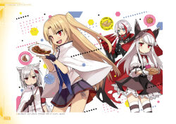 4girls admiral_graf_spee_(azur_lane) anchor_symbol artbook artist_request azur_lane black_cape black_skirt blonde_hair blue_eyes blue_gloves breasts brown_gloves brown_thighhighs bugles bugles_(food) bugles_on_fingers cape capelet center_frills character_name cleveland_(azur_lane) cowboy_shot curry curry_rice english_text erebus_(azur_lane) fingerless_gloves food food_on_hand frilled_shirt frills german_text gloves hair_flaps hat high-waist_skirt highres holding holding_plate holding_spoon long_hair looking_at_viewer mechanical_hands miniskirt montpelier_(azur_lane) multicolored_hair multiple_girls official_art open_mouth plate pleated_skirt puffy_sleeves red_eyes red_hair red_scarf rice scarf shirt short_hair simple_background skirt small_breasts spoon streaked_hair striped_clothes striped_thighhighs thighhighs torn_clothes torn_hat two-tone_hair underboob upper_body white_cape white_capelet white_hair white_shirt white_thighhighs