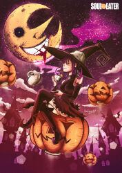 1girl :3 artist_request ass bare_shoulders black_sclera blair_(soul_eater) blood boots breasts building colored_sclera cup curly_hair detached_sleeves floating floating_object full_body hat heels highres kettle large_breasts looking_to_the_side moon night nigth plate pointy_nose pumpkin purple_hair purple_sky sitting skirt sky smile smoke soul_eater star_(sky) teeth witch_hat yellow_eyes 
