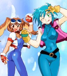  2girls :d allenby_beardsley animal_ears ass belt blue_bodysuit blue_hair blue_unitard bodysuit breasts brown_eyes commentary_request covered_erect_nipples covered_navel cropped_jacket crossover fingerless_gloves g_gundam gloves goggles goggles_on_head green_eyes gundam jacket jewelry looking_at_viewer makihara_arina medium_breasts multiple_girls necklace one_eye_closed onnaski open_mouth rabbit_ears red_gloves short_hair skin_tight smile solo tongue tongue_out unitard v waku_waku_7 yellow_gloves 