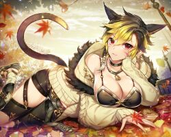  1girl :3 animal_ears arm_support asymmetrical_legwear autumn autumn_leaves bare_shoulders black_hair black_shorts blonde_hair blush breasts cat_ears cat_girl cat_tail cleavage closed_mouth collar commission commissioner_name facial_mark falling_leaves final_fantasy final_fantasy_xiv fur_trim gradient_hair huge_breasts jewelry leaf long_hair looking_at_viewer lying maple_leaf multicolored_hair munlu_(wolupus) necklace off_shoulder on_side original red_eyes shorts skeb_commission sleeves_past_wrists solo sweater tail two-tone_hair warrior_of_light_(ff14) whisker_markings yellow_sweater 