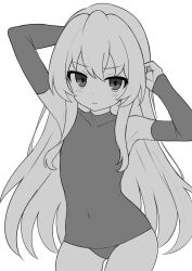  1girl aisaka_taiga armpits arms_up blush closed_mouth collarbone commentary covered_navel cowboy_shot elbow_gloves english_commentary flat_chest gloves greyscale hair_between_eyes hands_in_hair highres light_smile long_hair looking_at_viewer mikoscrub monochrome simple_background smile toradora!  rating:Sensitive score:40 user:danbooru