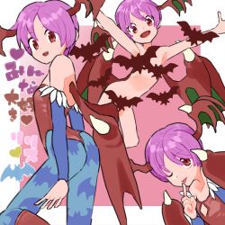  1girl :d animal_print arms_up bare_shoulders bat_(animal) bat_print bat_wings blue_pantyhose capcom censored covering_privates demon_girl diamond_cutout flat_chest head_wings heart index_finger_raised leotard lilith_aensland low_wings lowres multiple_views novelty_censor nude_cover one_eye_closed open_mouth pantyhose print_pantyhose purple_hair red_eyes red_leotard short_hair sicky_(pit-bull) smile standing tongue tongue_out vampire_(game) wings 