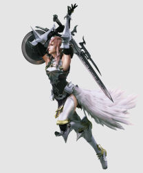  10s 1girl 3d absurdres armor armpits boots breastplate elbow_gloves feathers final_fantasy final_fantasy_xiii final_fantasy_xiii-2 full_body gloves gunblade highres lightning_farron long_hair official_art pink_hair pteruges shield simple_background solo sword thighhighs thighs weapon  rating:Sensitive score:41 user:Eiji