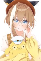  1girl 1other :3 absurdres adjusting_eyewear alternate_costume animal_ears beret blue_eyes blush brown_hair cheval_grand_(umamusume) closed_mouth commentary_request glasses hat highres holding horse_ears horse_girl looking_at_viewer pompompurin rbxlaifjzlilxep sanrio smile umamusume white_background 