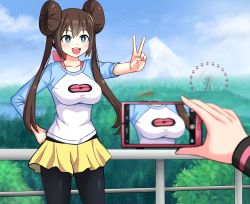  2girls black_legwear blue_eyes breasts brown_hair cellphone collarbone creatures_(company) day double_bun ferris_wheel game_freak hair_between_eyes hair_bun highres hilda_(pokemon) landscape large_breasts long_hair multiple_girls nintendo no_headwear open_mouth outstretched_arm pantyhose phone pokemon pokemon_bw pokemon_bw2 raglan_sleeves ribbon rosa_(pokemon) shirt shorts sidelocks smile standing taking_picture the_only_shoe v yellow_shorts  rating:Sensitive score:80 user:danbooru