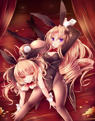 2girls animal_ears ass blonde_hair bow bowtie breasts rabbit_ears rabbit_tail cleavage coin detached_collar fake_animal_ears long_hair medium_breasts multiple_girls original pantyhose playboy_bunny purple_eyes red_eyes small_breasts syarute tail tailcoat wrist_cuffs 
