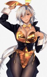  1girl animal_ears black_pantyhose breasts brown_eyes cleavage commentary_request cowboy_shot dark-skinned_female dark_skin detached_collar fake_animal_ears fishnet_pantyhose fishnets gold_bowtie gold_leotard hair_between_eyes heart highres kantai_collection kasumi_(skchkko) large_breasts leotard long_hair long_sleeves musashi_(kancolle) one_eye_closed pantyhose partial_commentary playboy_bunny rabbit_ears rimless_eyewear solo tongue tongue_out white_hair 
