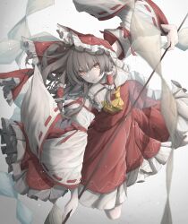  1girl :p absurdres bow brown_eyes brown_hair detached_sleeves frilled_hair_tubes frilled_skirt frills gohei hair_bow hair_tubes hakurei_reimu highres looking_at_viewer nontraditional_miko red_bow red_shirt red_skirt shirt skirt sleeveless sleeveless_shirt solo tongue tongue_out touhou tqg_07 wide_sleeves 