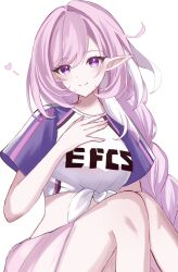  1girl breasts clothes_writing commentary diamond-shaped_pupils diamond_(shape) elysia_(honkai_impact) hair_between_eyes hair_intakes hand_on_own_chest heart highres honkai_(series) honkai_impact_3rd knees_up large_breasts light_blush long_braid long_hair looking_at_viewer midriff multicolored_hair nail_polish official_alternate_costume pink_hair pink_nails pink_pupils pink_sarong pointy_ears purple_eyes purple_shirt shirt simple_background sitting smile solo streaked_hair symbol-only_commentary symbol-shaped_pupils tdatnst tied_shirt two-tone_shirt very_long_hair white_background white_hair white_shirt 