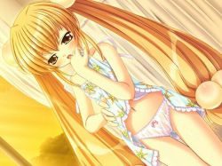 1girl 9966996 blonde_hair blush bow bow_panties clothes_lift dress dress_lift eyebrows female_focus game_cg hair_bobbles hair_ornament kodomo_no_jikan kokonoe_rin loli long_hair navel open_mouth panties see-through shadow solo standing thigh_gap towel twintails underwear very_long_hair wet wet_clothes wet_panties rating:Questionable score:32 user:Domestic_Importer