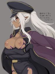  1girl arms_under_breasts breasts clenched_teeth coat collarbone dark-skinned_female dark_skin elf grey_background hat high_ponytail highres kage_no_jitsuryokusha_ni_naritakute! lambda_(kage_no_jitsuryokusha_ni_naritakute!) large_breasts military military_coat military_hat military_uniform nipples peaked_cap pointy_ears profile red_eyes simple_background teeth torn_clothes translation_request uniform yasaoshi  rating:Questionable score:49 user:danbooru
