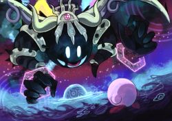  absurdres colored_skin crown harufune highres horns kirby kirby&#039;s_return_to_dream_land kirby_(series) looking_at_another magolor magolor_soul master_crown nintendo no_humans pink_skin rayman_limbs signature solid_oval_eyes sparkle wings  rating:General score:1 user:danbooru