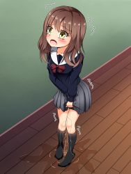  1girl between_legs black_socks blue_shirt blush bow bowtie breasts brown_hair collarbone embarrassed female_focus from_above full_body grey_skirt hand_between_legs have_to_pee highres indoors kneehighs long_hair long_sleeves looking_up miniskirt open_mouth original peeing peeing_self pleated_skirt puddle red_bow red_bowtie school_uniform shirt skirt small_breasts socks solo standing tears tetora trembling wet wet_clothes wide-eyed yellow_eyes 
