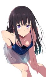  1girl bare_shoulders bent_over black_hair blue_shirt blush borgbutler breasts cleavage collarbone downblouse grey_skirt hand_on_own_hip hanging_breasts highres inoue_takina long_hair looking_at_viewer lycoris_recoil medium_breasts no_bra purple_eyes shirt simple_background skirt sleeveless sleeveless_shirt solo white_background 