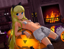 1girl animal_ears armchair bell bikini bikini_top_only black_thighhighs blonde_hair bloomers blue_eyes blunt_bangs breasts cameltoe cat cat_ears chair choker drawstring dutch_angle eyepatch_bikini eyepatch_bra fake_animal_ears fire fireplace ghost glowing glowing_eyes hairband halloween hat higashi_tarou highres hip_bones indoors inflatable_toy jingle_bell kneeling leaning_back loli long_hair looking_at_viewer lying navel neck_bell on_back original over-kneehighs pumpkin purple_hat ribs scrunchie sexually_suggestive sideboob skinny small_breasts smile solo strapless swimsuit thighhighs underwear underwear_only very_long_hair wainscoting wallpaper_(object) white_bloomers witch_hat wood wrist_scrunchie rating:Questionable score:117 user:Loli_guild