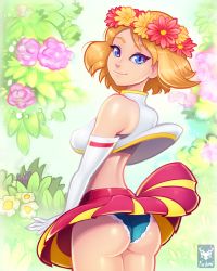  1girl alternate_costume ass blonde_hair blue_eyes blue_panties breasts crab creatures_(company) flower foxilumi game_freak hair_flower hair_ornament lace lace-trimmed_panties lace_trim looking_at_viewer looking_back medium_breasts midriff nintendo panties pantyshot pokemon pokemon_xy red_skirt revealing_clothes serena_(pokemon) short_hair skirt solo standing underwear upskirt wind wind_lift  rating:Questionable score:43 user:PokeGuy69