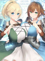  2girls ahoge alternate_breast_size armor armored_dress blonde_hair blue_eyes breasts brown_hair celeste_(unicorn_overlord) character_name closed_mouth collarbone copyright_name dress fran_(unicorn_overlord) green_eyes hand_on_another&#039;s_waist hand_on_own_chest highres kashiwamochi_yomogi large_breasts multiple_girls ponytail short_hair smile twitter_username unicorn_overlord  rating:General score:15 user:danbooru