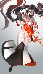  1girl akuta_hinako black-framed_eyewear black_hair black_sweater brown_hair buttons capelet double-breasted dress dual_wielding fate/grand_order fate_(series) flaming_sword flaming_weapon full_body glasses gradient_hair hair_between_eyes highres hisame_(gocbu) holding holding_sword holding_weapon long_hair long_sleeves looking_at_viewer multicolored_hair red_eyes solo sweater sword turtleneck turtleneck_sweater twintails very_long_hair weapon white_capelet yu_mei-ren_(fate) 