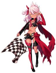  1girl absurdres asymmetrical_clothes asymmetrical_footwear boots boshi_(a-ieba) breasts cape chloe_von_einzbern chloe_von_einzbern_(type-moon_racing) collarbone dark-skinned_female dark_skin fate/kaleid_liner_prisma_illya fate_(series) flag full_body gluteal_fold hair_between_eyes hair_ornament hair_ribbon hair_stick highres knee_boots long_hair long_sleeves mismatched_footwear navel one_side_up pink_hair race_queen red_cape red_ribbon ribbon shrug_(clothing) simple_background single_thigh_boot small_breasts smile solo split_theme stomach stomach_tattoo tattoo thigh_boots uneven_footwear w w_over_eye waist_cape white_background 