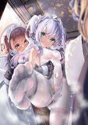  3girls absurdres apron aqua_eyes ass black_gloves blonde_hair blurry blush bodysuit breasts brown_eyes brown_hair cameltoe closed_mouth covered_navel dress feet foot_focus gloves headdress headwear_request heart heart-shaped_pupils highres indoors long_hair long_sleeves looking_at_another looking_at_viewer maid maid_headdress mashiropp medium_breasts mirror multiple_girls navel nipples no_shoes one-piece_swimsuit open_mouth original pantyhose pussy see-through small_breasts smelling soles standing standing_on_one_leg sweat swimsuit symbol-shaped_pupils toes twintails uniform wet wet_clothes wet_swimsuit white_apron white_bodysuit white_hair white_pantyhose 