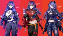  3girls absurdres acheron_(honkai:_star_rail) ahoge alternate_costume armpit_crease belt belt_chain black_belt black_gloves black_jacket black_pants black_shirt breasts can character_name cleavage closed_mouth commentary cowboy_shot crop_top denim drink_can earrings food fruit genshin_impact gloves grapes hair_ornament hair_over_one_eye hairclip hand_in_pocket highres holding holding_can honkai:_star_rail honkai_(series) honkai_impact_3rd jacket jeans jewelry large_breasts lightning_bolt_symbol long_hair long_sleeves looking_at_viewer looking_to_the_side low-braided_long_hair low-tied_long_hair midriff mihoyo mitsudomoe_(shape) multicolored_hair multiple_girls navel necklace off_shoulder open_clothes open_jacket pants partially_unzipped pouch purple_belt purple_eyes purple_hair raiden_mei raiden_mei_(herrscher_of_thunder) raiden_shogun red_background red_sweater ribbed_sweater sawashiro_miyuki shirt simple_background single_bare_shoulder soda_can sparks_summer standing streaked_hair sweater thigh_pouch tomoe_(symbol) torn_clothes torn_jeans torn_pants twitter_username very_long_hair zipper zipper_pull_tab 