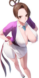  1girl absurdres ace_attorney areola_slip breasts breasts_out brown_eyes brown_hair cleavage covered_erect_nipples downblouse female_focus full_body hands_on_own_hips hanging_breasts highres huge_breasts japanese_clothes magatama mia_fey mole mole_under_mouth nipples rororo solo toes 