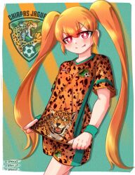 1girl artist_name breasts clothes_pull fang highres jaguar jaguar_print long_hair mexico orange_hair pink_eyes pulling_own_clothes shirt shirt_pull shorts small_breasts smile soccer soccer_uniform solo sportswear twintails ueno-san_wa_bukiyou ueno_(ueno-san_wa_bukiyou)